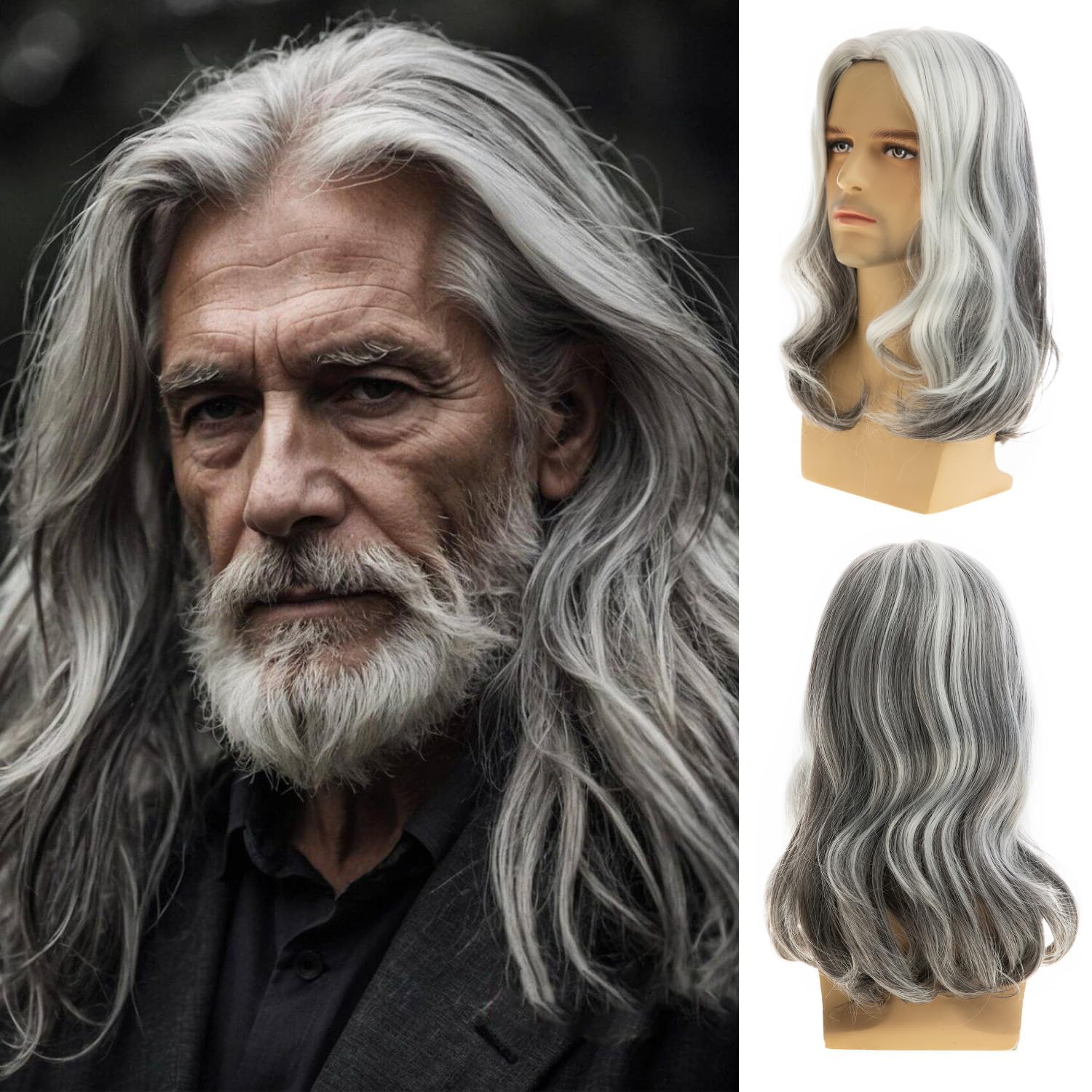 Beweig Long Curly Wavy Grey White Wigs for Men Synthetic Natural Party Halloween Cosplay Hair Wig