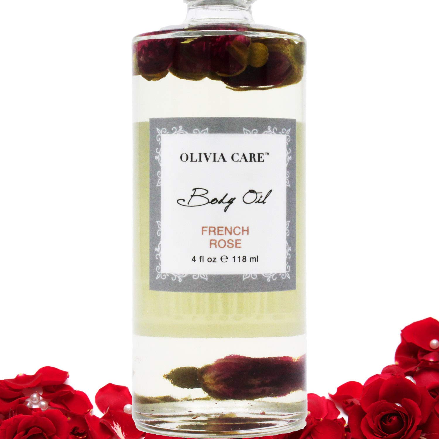 French Rose Body Oil By Olivia Care - Vegan & Natural | Hydrating & Moisturizing - Infused with VITAMIN E, K & Omega Fatty Acids - Refreshing Fragrance - Reduce Dry Skin, Anti-Aging Properties - 4 OZ