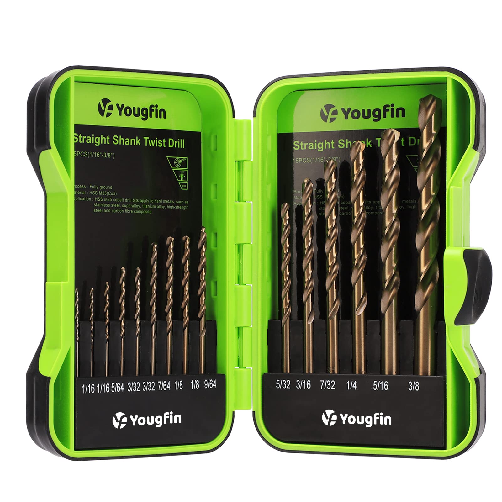 YOUGFIN Cobalt Drill Bits, M35 HSS Drill Bit Set 15