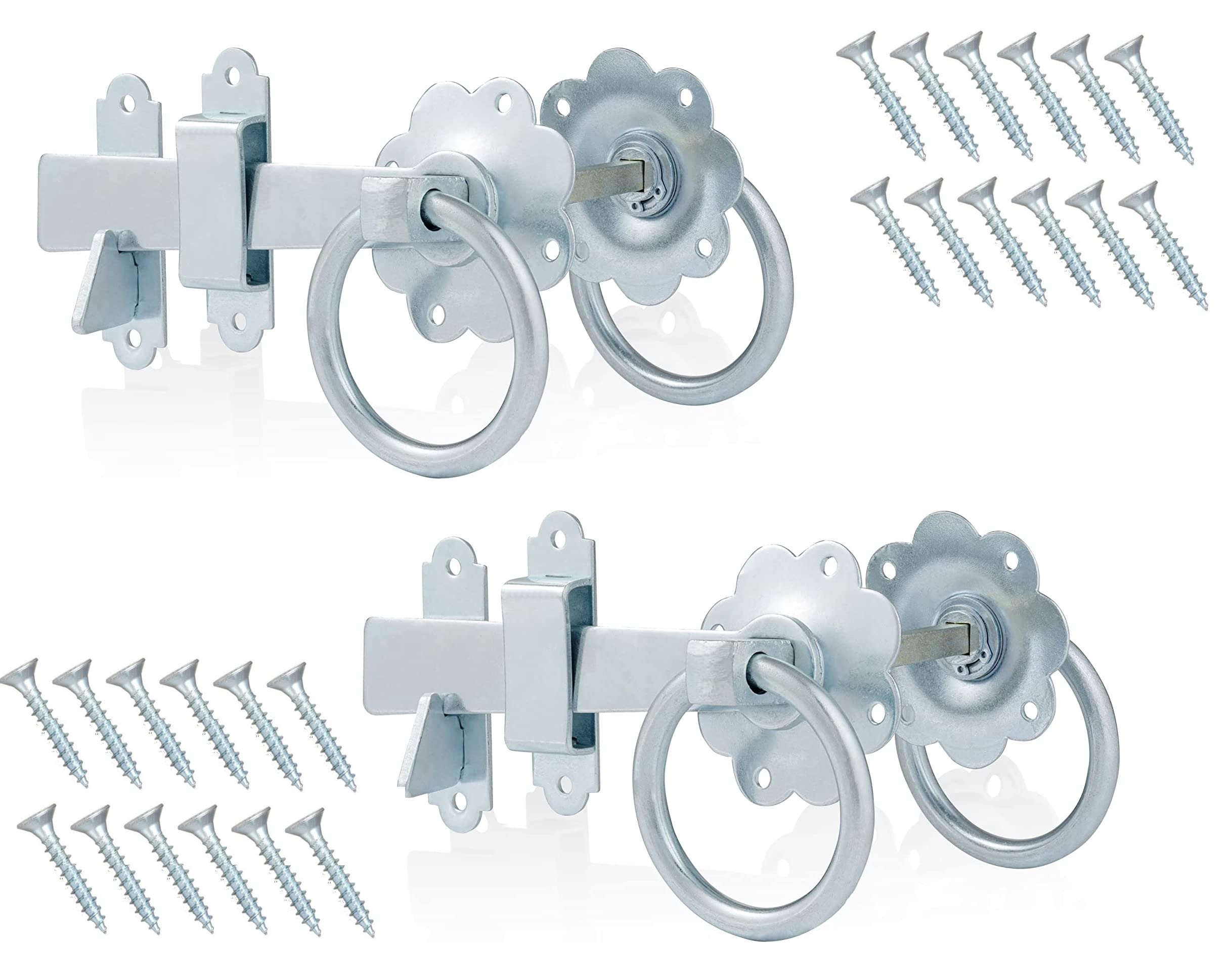 TERF® Heavy Duty Ring Gate Latch Door Lock Silver Ring Handle Garden Gate Door Latch Catch Lock - Weather Protection Ring Gate Latches for External Doors Gate Shed Lock with Fixing Screw - Pack of 2