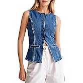 Tankaneo Womens Button Down Denim Vest Trendy Fitted Sleeveless Jean Tank Tops Crew Neck Waistcoat