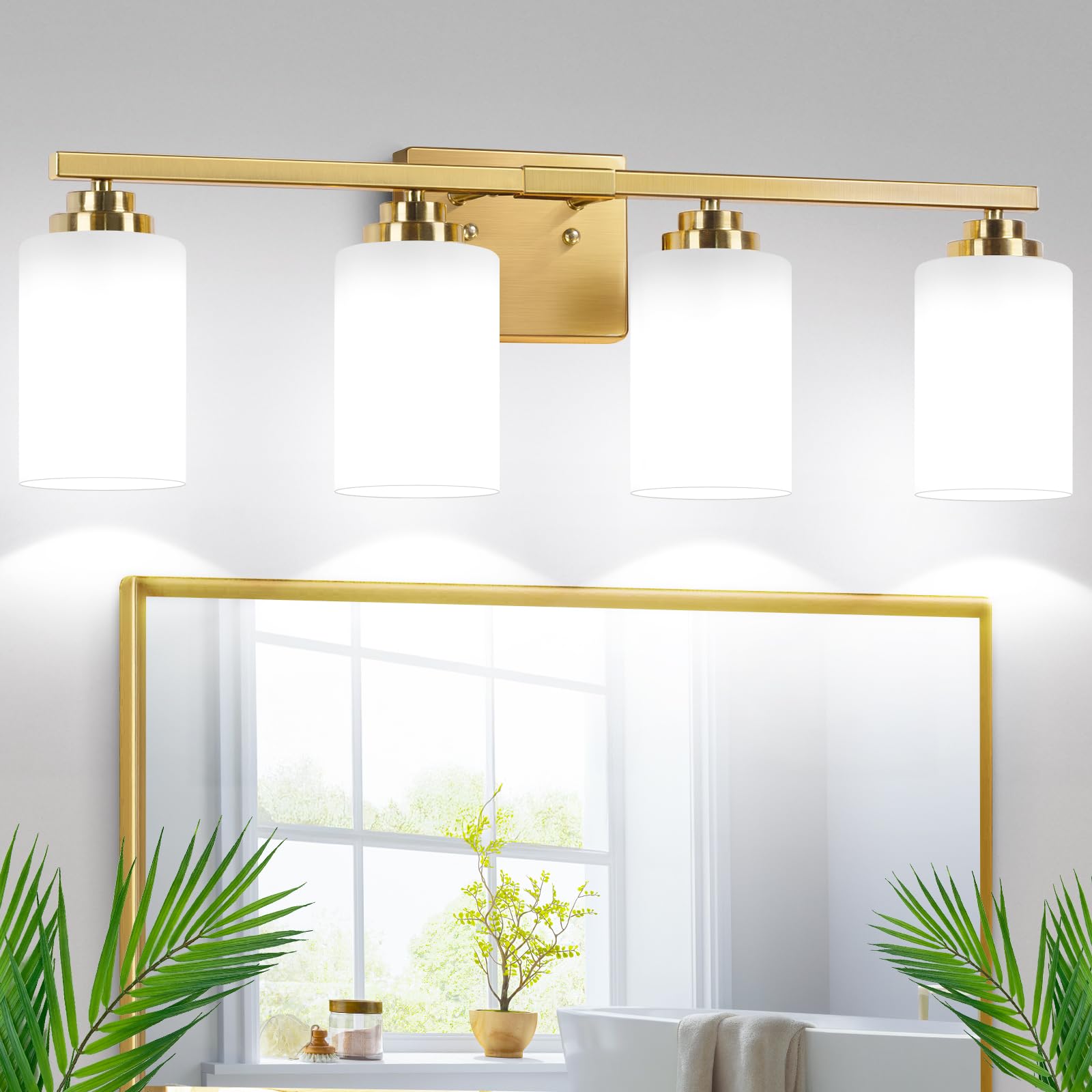 4-Light Bathroom Light Fixtures, 27" Modern Vanity Lights Over Mirror with Milky White Glass Shade, Gold Wall Sconce, Classic Wall Light Fixture for Mirror Living Room Cabinet Bedroom Porch Kitchen Image