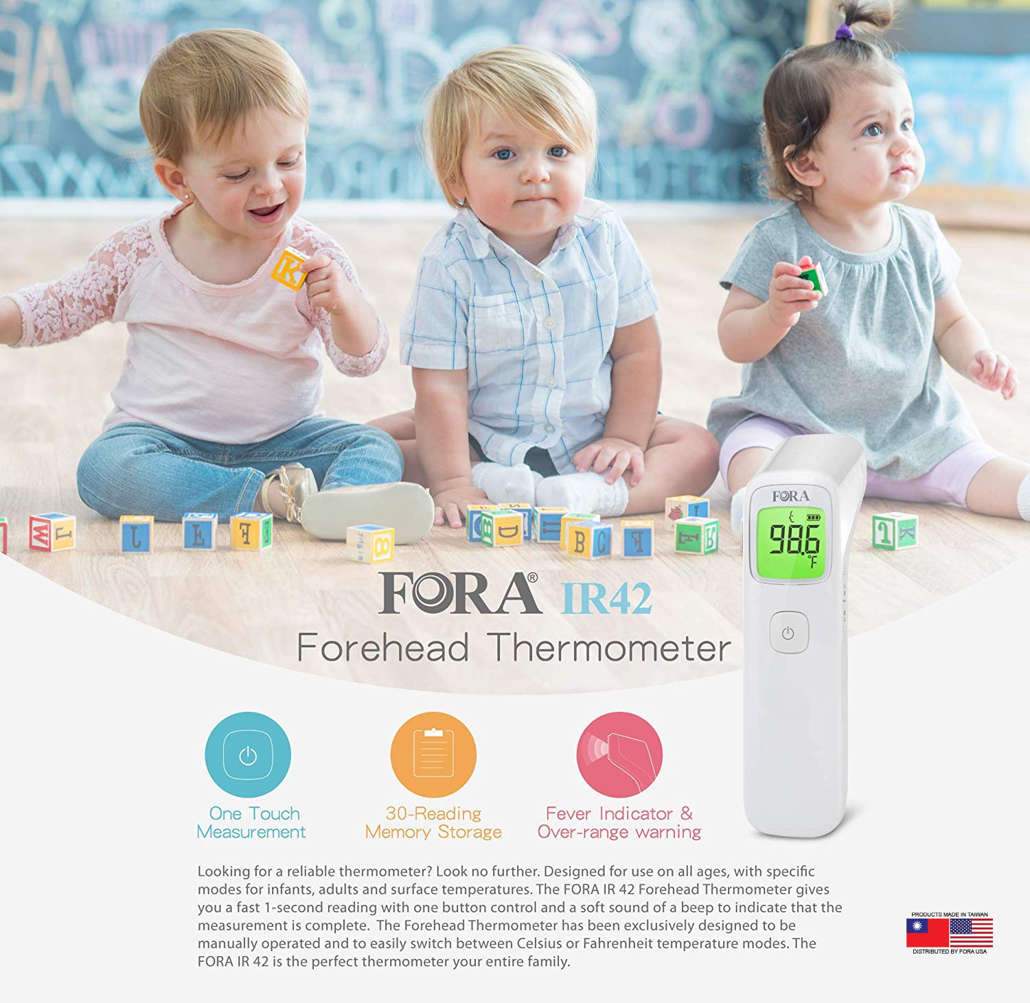 FORA IR42 Non-Contact Forehead Thermometer, Made in Taiwan, Fever Indicator for Baby, Kids, Toddlers and Adults : Baby