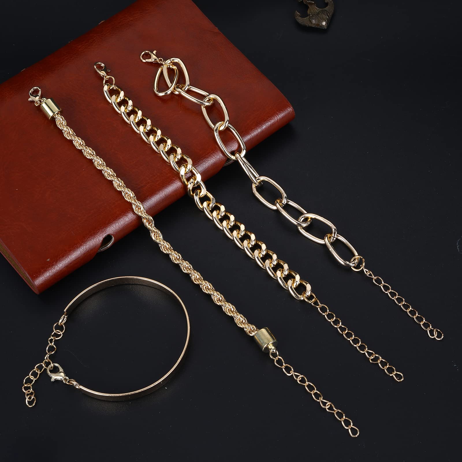 Yolev Gold Chain Bracelet Sets for Women Girls Fashion Beaded Chunky Flat Cable Chain Punk Bracelets Jewelry Adjustable Layered Metal Link Bracelet Set (gold)