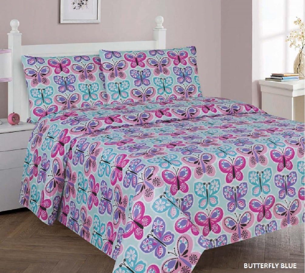 Jenin Kids Printed Sheet Set: Flat & Fitted Sheets with Pillow Cases. Choose from Butterfly, Dinosaur, Shark, Princess, Sports, Sailor Prints Twin or Full (Full, Butterfly Blue)