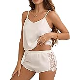 Fem&Fata Silk Pajamas Set for Women 2 Piece Cami Shorts Set Lace Lingerie Sleepwear S-XXL