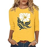 Chulianyouhuo Womens 3/4 Sleeve T Shirt Sunflower Graphic Tees Dandelion Flower Print Summer Casual Tops Blouse