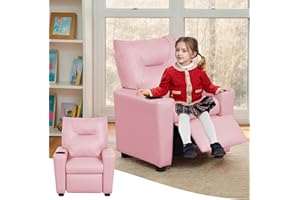 ANWICK Kids Recliner Chair w/Cup Holder, Toddler Recliner Chair Ages 1-4, 2-in-1 PU Leather Single Sofa for Boys/Girls, Kids Lazy Boy Chairs, Upholstered Armchair, Adjustable Backrest & Footrest (Pink-New)