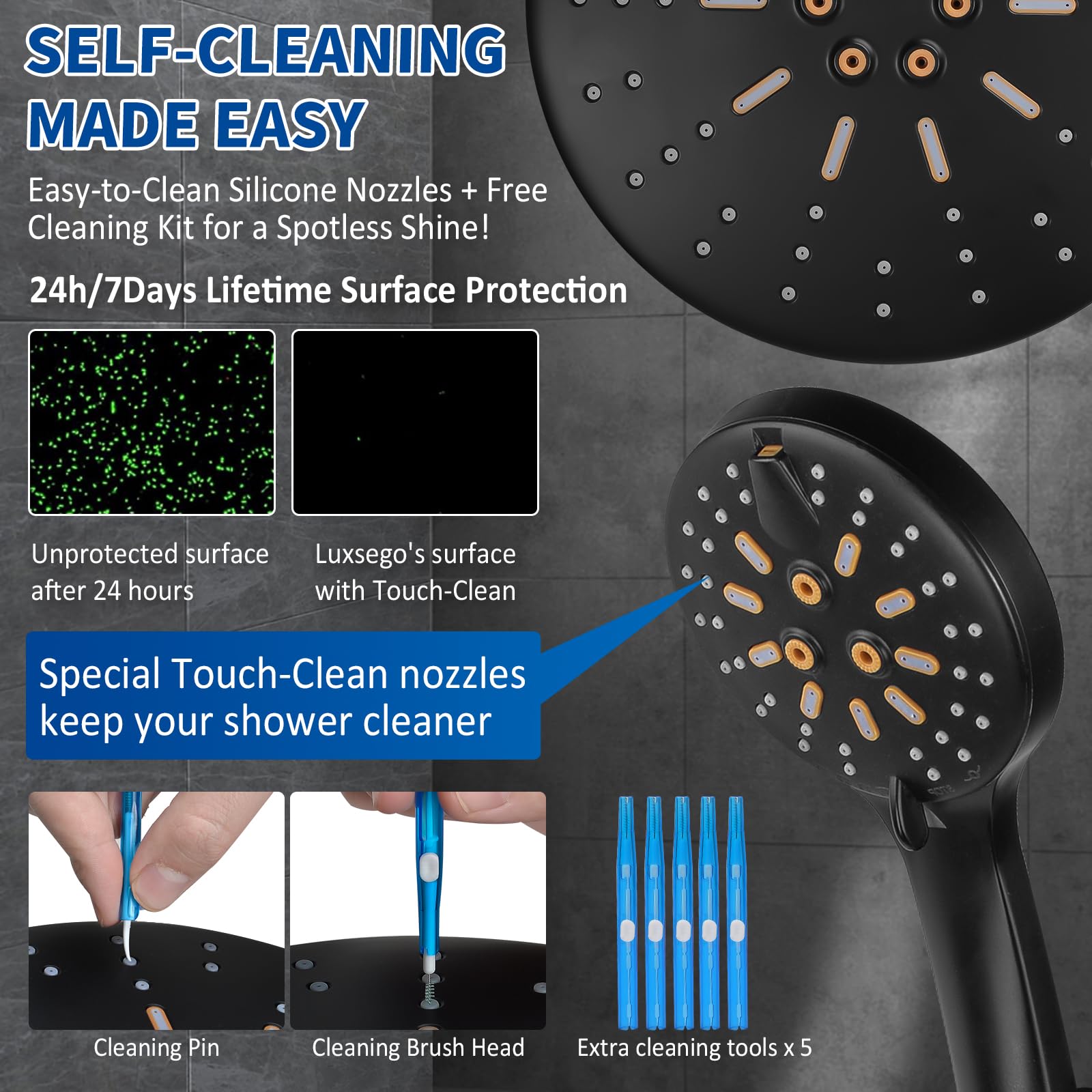 Luxsego Dual Rain Shower Head with Handheld Spray Combo, 8.8 Inch High Pressure Showerheads Built-in Power Wash with 7 Spray Modes & Anti-Clog Nozzles, Easy Install Shower System for Hard Water, Black