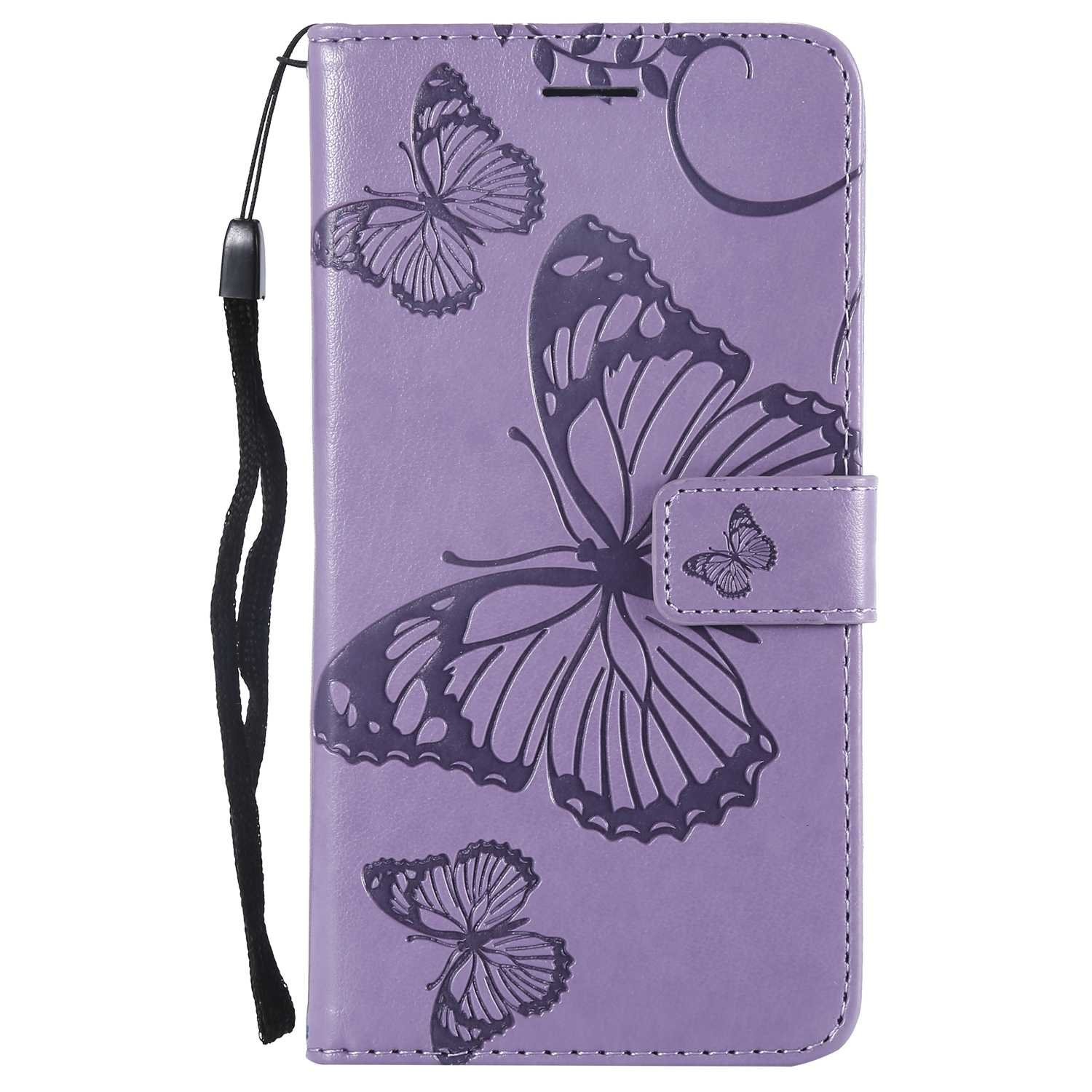 DENDICO Wallet Case for NOKIA 6 2018, Flip Leather Case with Card Slots and Stand Feature, Butterfly Pattern Design Protective Cover for NOKIA 6 2018 - Purple