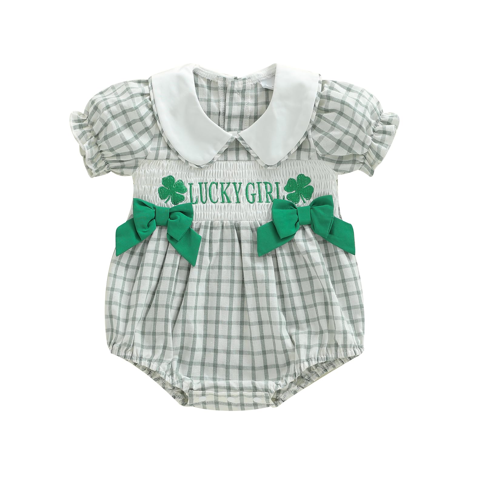Photo 1 of Adobabirl My First St Patrick's Day Baby Girl Outfit Clover Embroidery Bubble Romper Irish Onesie Smocked Clothes (Green Lucky Girl, 3-6 Months)