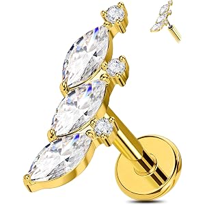 OUFER Titanium Helix Piercing Jewelry-18G Flat Back Push Pin Gold Forward Helix Earrings, Shiny Emerald CZ Labret Lip Cartila