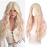 Haloo Blonde Wigs with Curtain Bangs for Women - Long Wavy Middle Part Natural Looking Synthetic Hair Wig for Daily Party Cosplay Costume, 26 Inch Blonde Mixed Pink