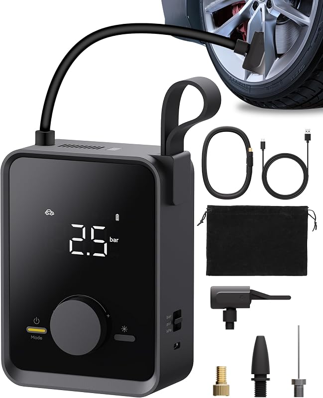 Gonfleur pneus pro 120PSI 12V DC 7500mAh, compresseur air portable LED
