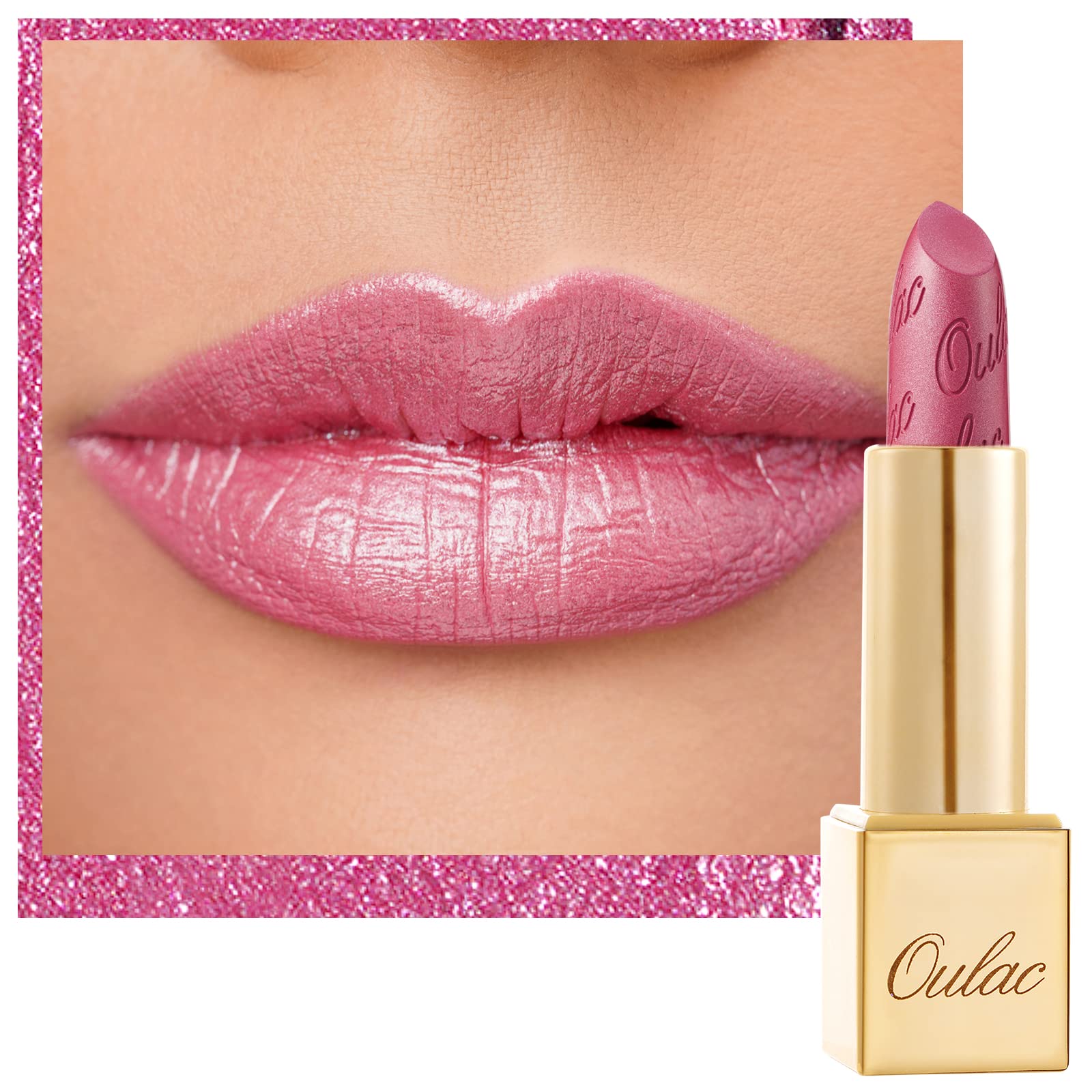 OULAC Metallic Shine Glitter Lipstick, Pink High Impact Lipcolor, Lightweight Soft and Ultra Hydrating, Long Lasting, Vegan & Cruelty-Free, Full-Coverage Lip Color 4.3 g/0.15 HIP & HIPPIE(11)