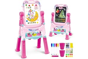 Art Easel for Kids - Adjustable Double-Sided Rotatable Magnetic White Board with Painting Accessories, Preschool Learning Toy
