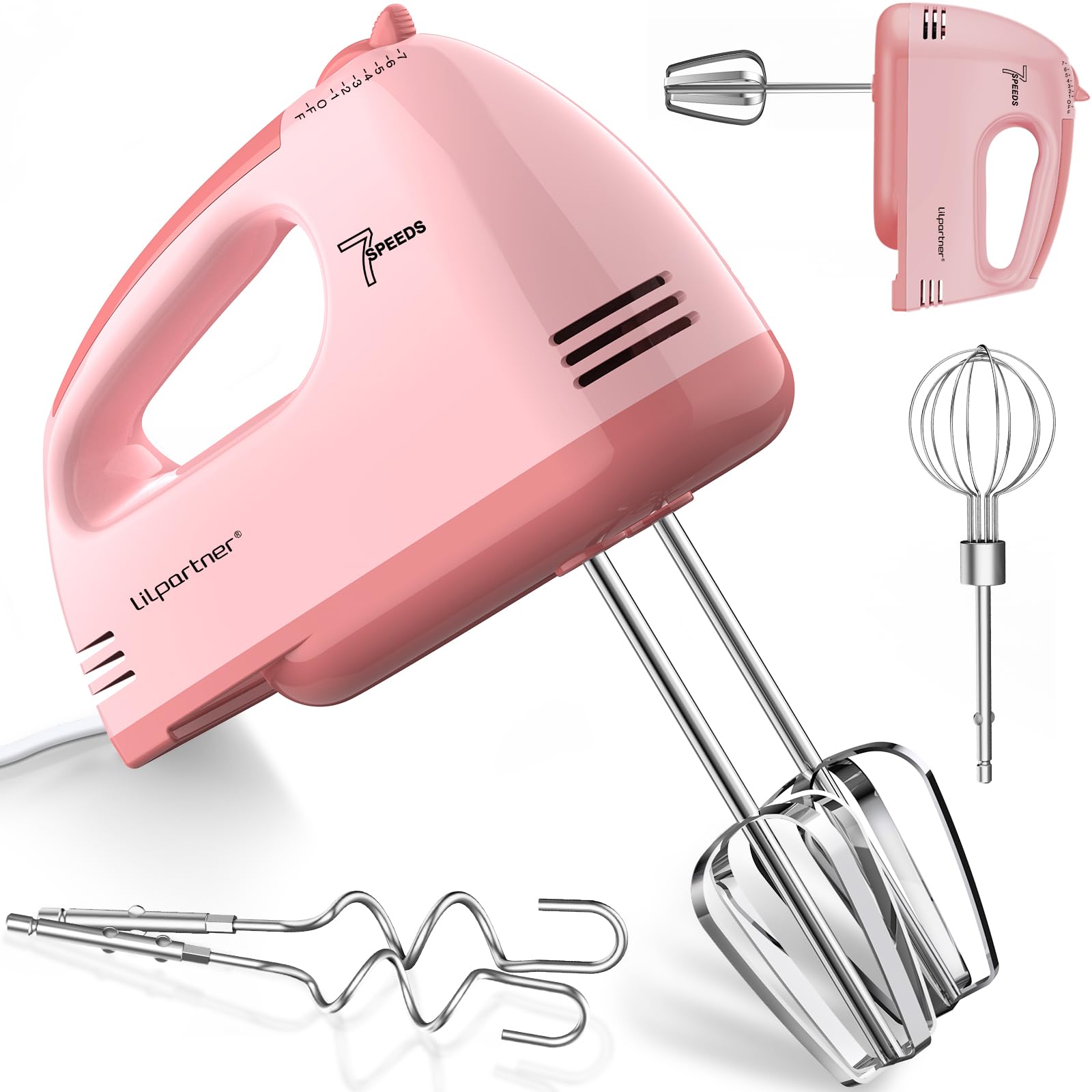Photo 1 of LILPARTNER Hand Mixer Electric, Ultra Power Kitchen Hand Mixer With 7-Speed & 5 Stainless Steel Accessories for Whipping Dough, Cream, Cake, Dishwasher Safe, Pink