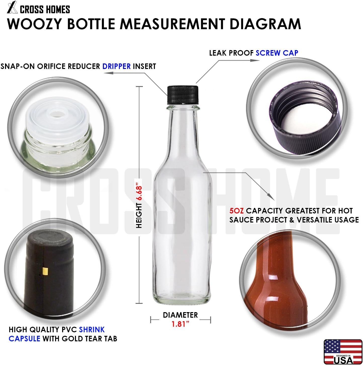 Hot Sauce Woozy Bottles Empty 5 Oz Complete Sets of Premium Commercial Grade Clear Glass Dasher Bottle with Shrink Capsule, Leak Proof Screw Cap, Snap On Orifice Reducer Dripper Insert (Black 30 Sets): Home Improvement
