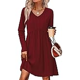 OFEEFAN Long Sleeve Sweater Dress Fall Dresses 2025 V Neck Empire Waist Baby Doll Dresses Women Casual Dress with Pockets