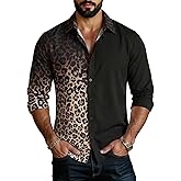 BEAUDRM Men's Leopard Shirts Cheetah Long Sleeve Button Down Collared Shirts 70s Disco Party Top