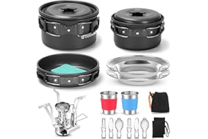 Odoland 16pcs Camping Cookware Mess Kit with Folding Camping Stove, Non-Stick Lightweight Pots Pan Set with Stainless Steel C