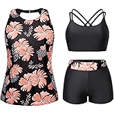 Tempt Me 3 Piece Swimsuit for Women Tankini Bathing Suit Modest High Neck Tank Tops Swimwear with Shorts