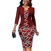 Yajedo Women's Reto Bodycon Midi Dresses 3/4 Sleeve Church Wear to Work Business Pencil Dress