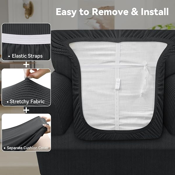 PFRSTUV WATERPROOF CHAIR COVER WITH ARMS 2-PIECE SET STRIPED SLIPCOVER FOR 1 SEPARATE T CUSHION COUCH – TPU FABRIC ARMCHAIR COVERS LEAKPROOF COUCH PROTECTOR FOR KIDS, PETS(CHAIR, DARK GRAY)