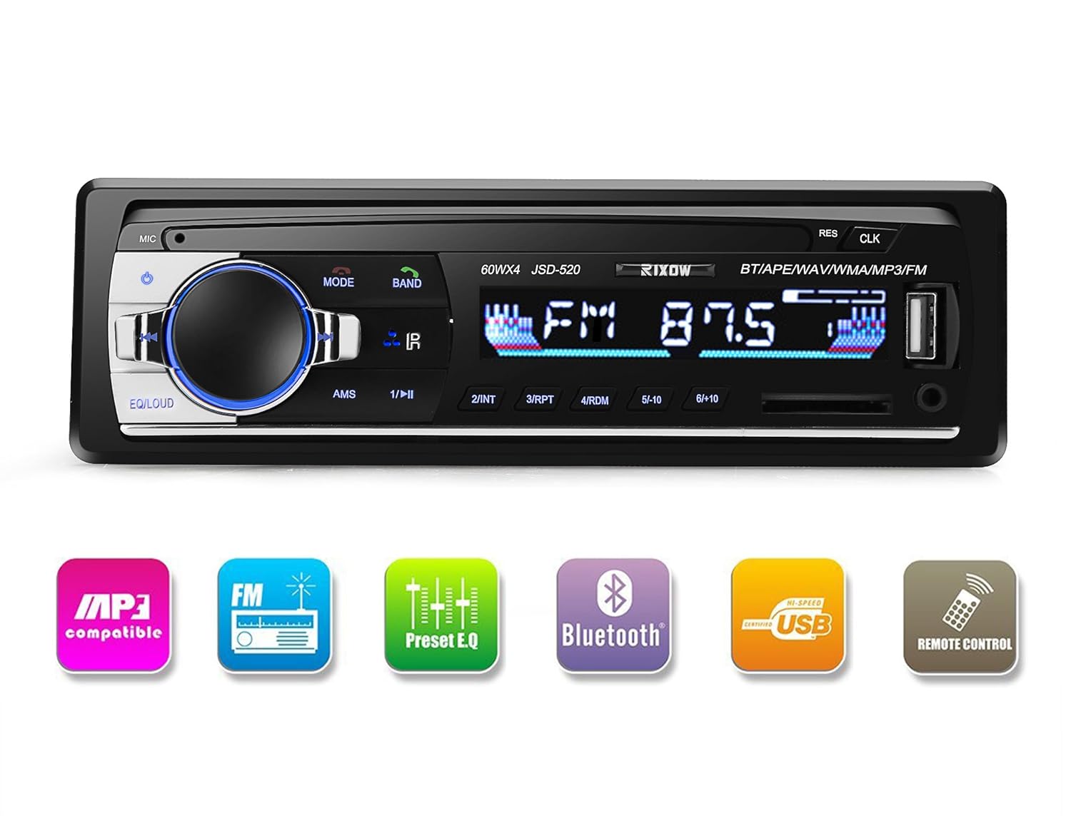 Autoradio Rixow Estéreo Bluetooth de Coche Reproductor Audio MP el Tablero Ajustable
