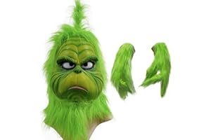 QPQEQTQ Christmas Mask Green Cosplay Mask with Gloves, Adult Plush Christmas Suit, Costume Holiday Party