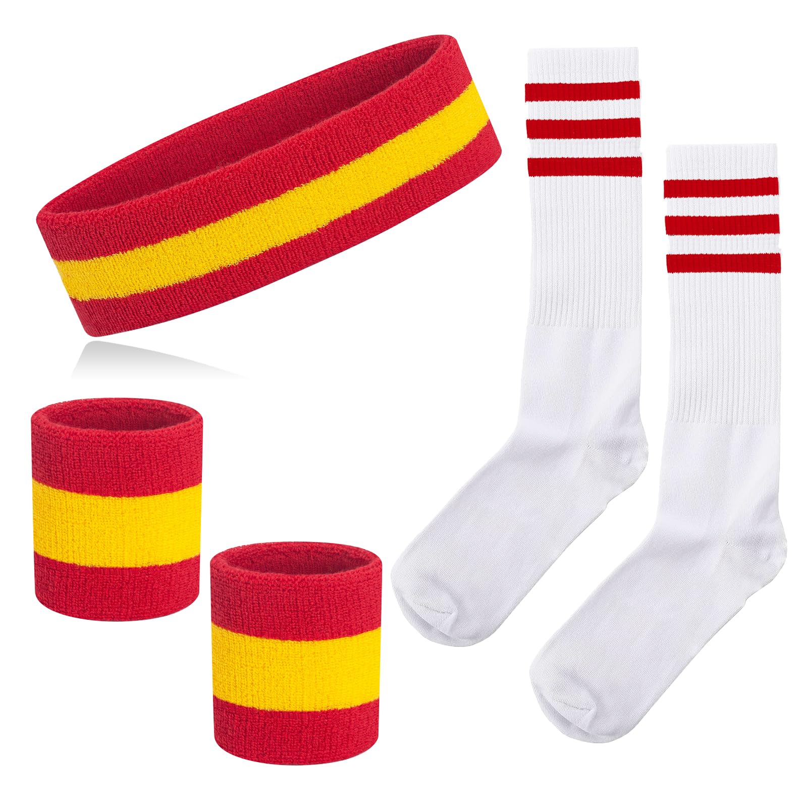NANXJIUR 5 Pieces Sweatband Striped Sock Set Sports Headband Wristbands High Tube Socks 80s Accessories for Men Women 80s Costumes Theme Party Striped Sock Set (Red/Yellow/Red)