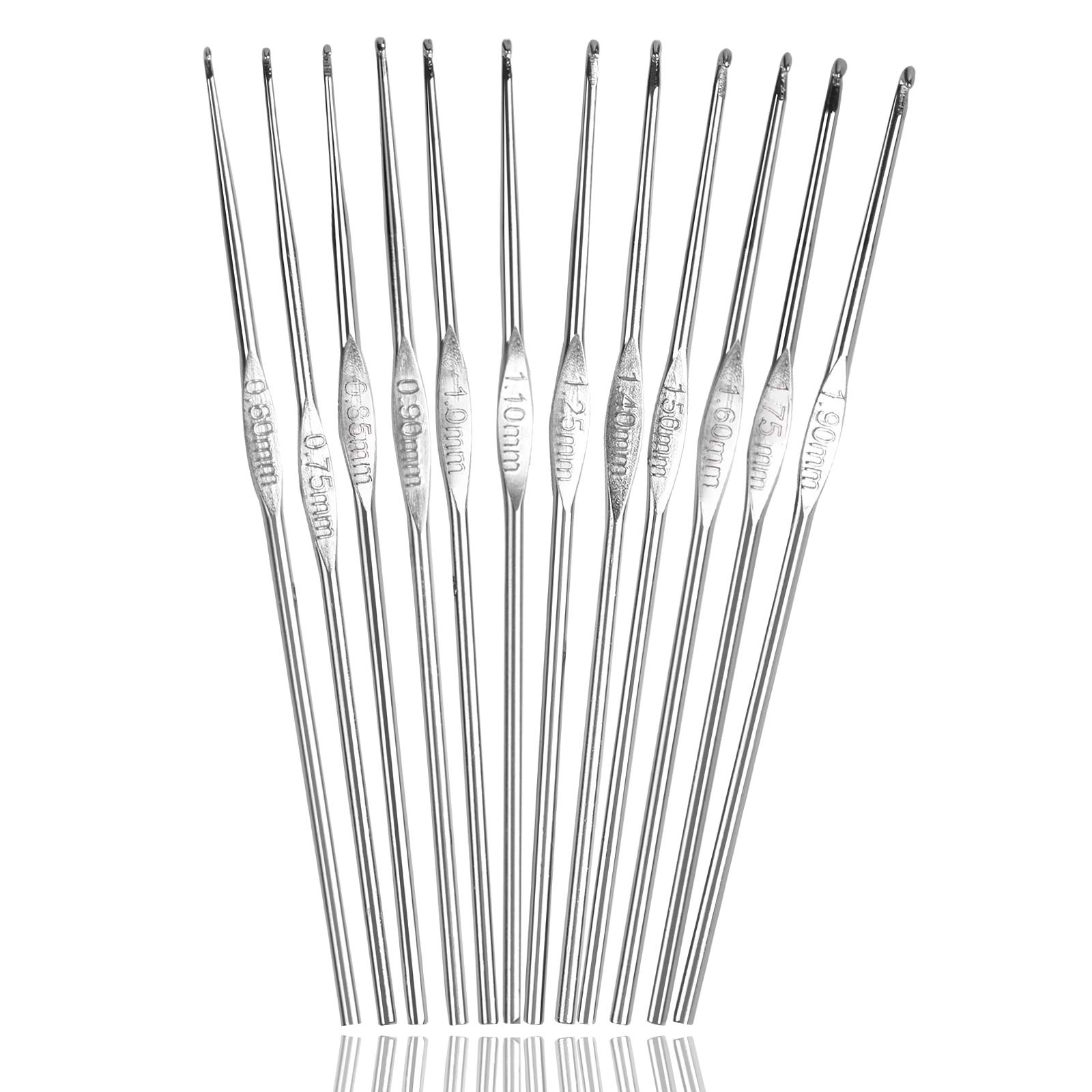 Set of 12 Crochet Hooks Knitting Needles for Crafts, Perfect Stainless Steel Needles Kit Tool, Ergonomic Single Pointed Knitting Needles Kit for Beginners (0.60mm-1.90mm Sizes)