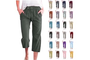 yardsong Linen Capris for Women Summer Casual Loose Fit Cropped Pants Drawstring Elastic Waist Lounge Pant with Pockets