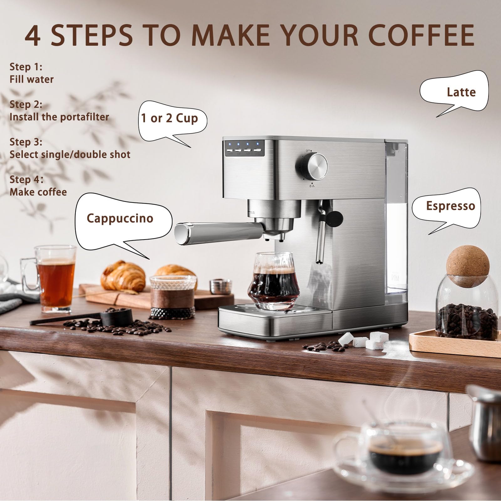 Espresso Machine with Milk Frother, Stainless Steel Espresso Maker, Cappuccino Latte Machine with 41oz Removable Water Tank, Cup Warmer, Easy to Clean Coffee Machine for Home Apartment