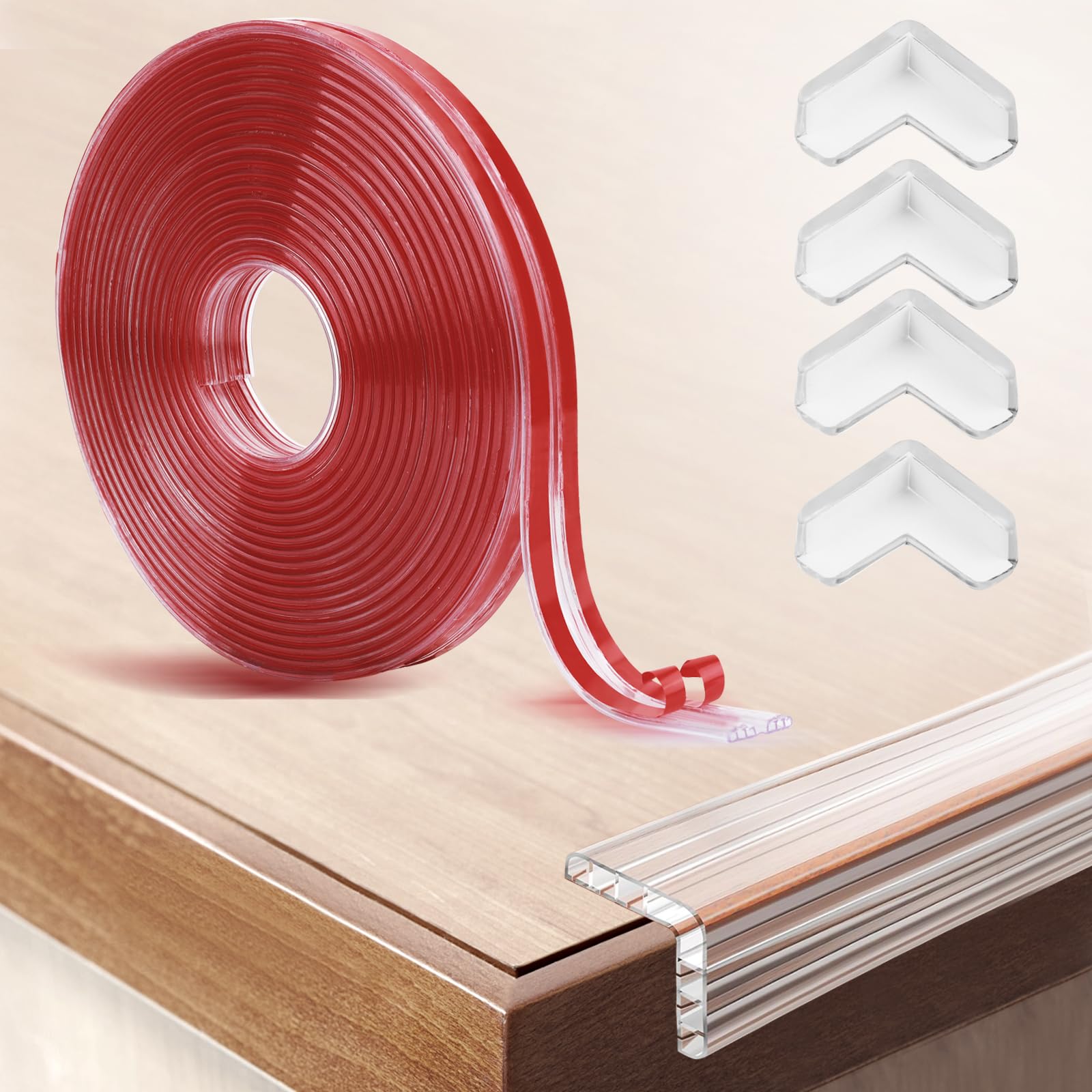 Silicone Edge Protector Strip 10mm x 3.2mm x 6m, Edge Protector Baby Proofing, Transparent, Wider & Thicker, with 4 L-Shaped Corner Guards, for Furniture Edge Safety Cushion