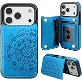 MMHUO for iPhone 17 Pro Case with Card Holder,Flower Magnetic Buttons Protective Wallet Case for Women for iPhone 17 Pro (6.3 Inch),Blue