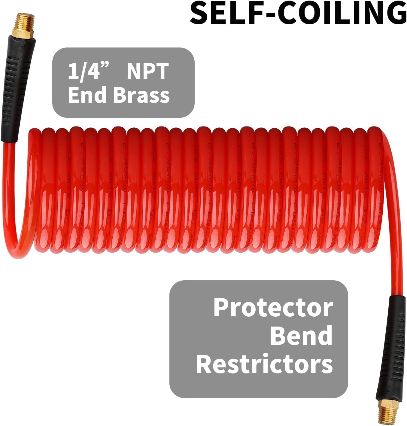 Hromee 1/4 in x 25 ft Polyurethane Recoil Air Hose with Bend Restrictors Compressor Hose with 1/4" Industrial Universal Quick Coupler and I/M Plug Kit, Red - - 
