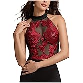 SOLY HUX Women's Floral Mesh Sheer Halter Tops Sleeveless Backless See Through Party Going Out Crop Top