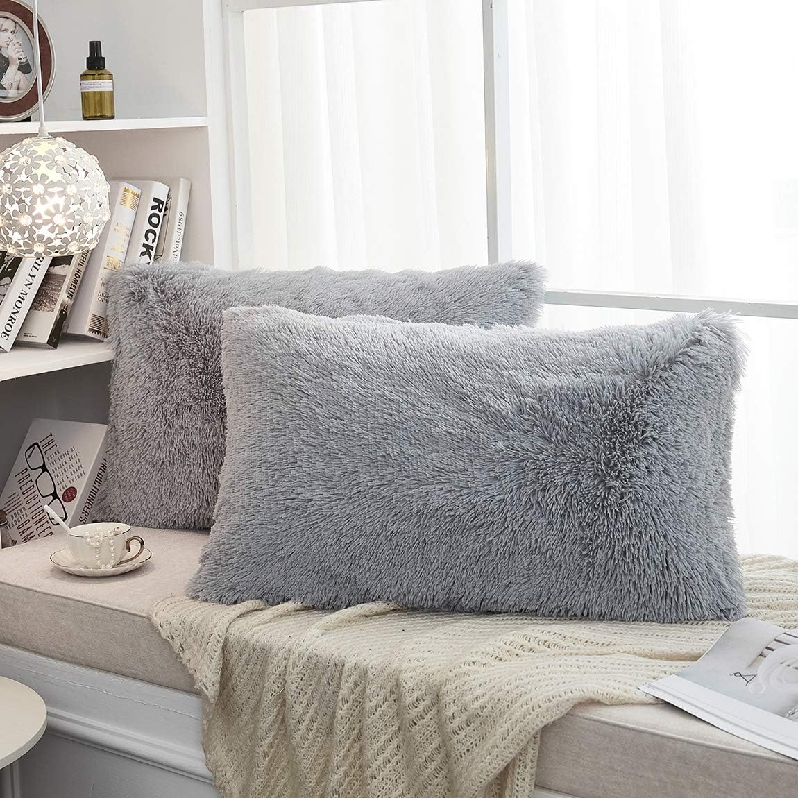 JAUXIO Long Faux Fur Soft Soild Decorative Pillowcase Fluffy Throw Pillow Cover