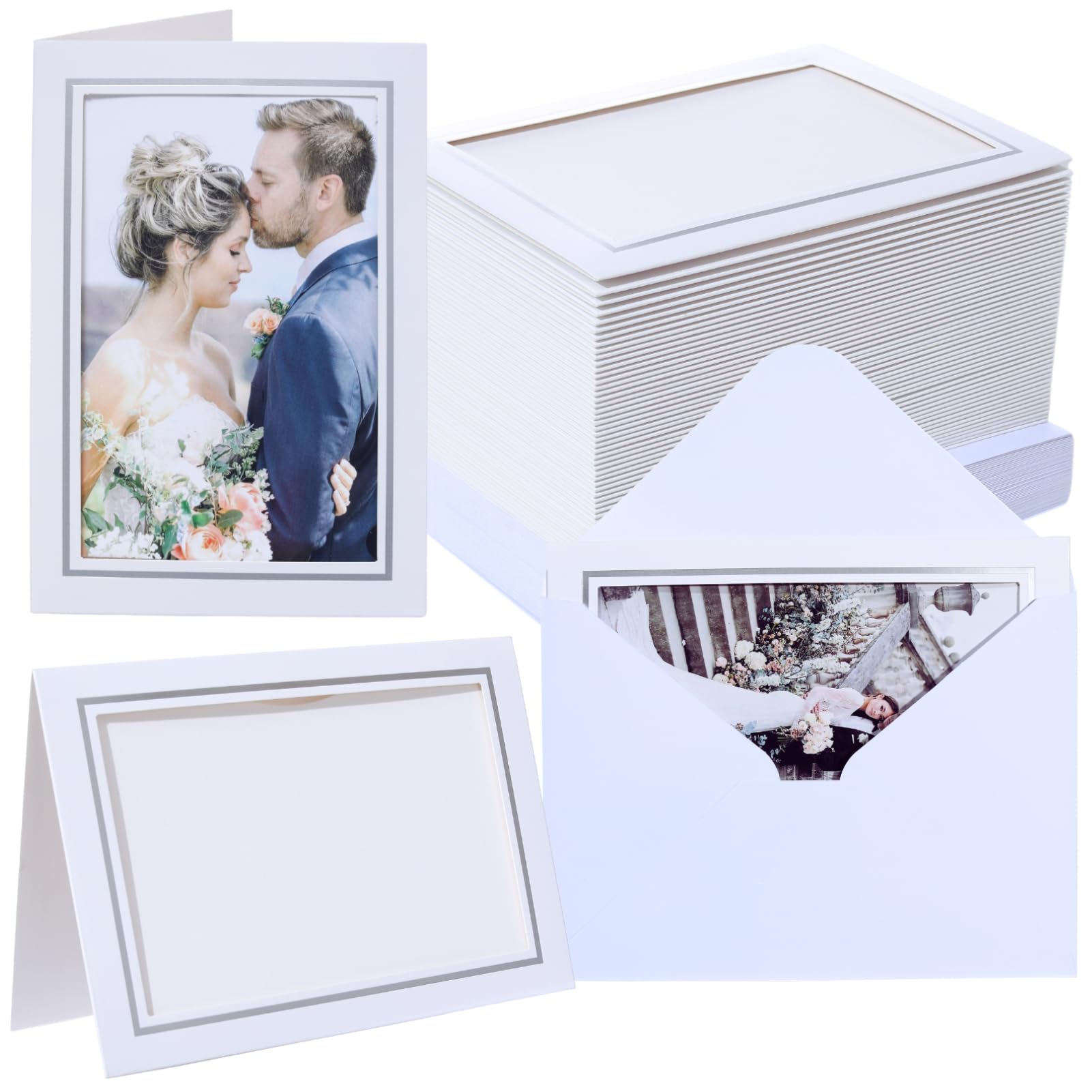Photo 1 of 100 Count Photo Frame Cards with Envelopes 4x6 Paper Picture Frame Notecards Photo Card Holder for Christmas Decorations New Year Greeting Birthday Classroom DIY Craft - White with Silver Lining