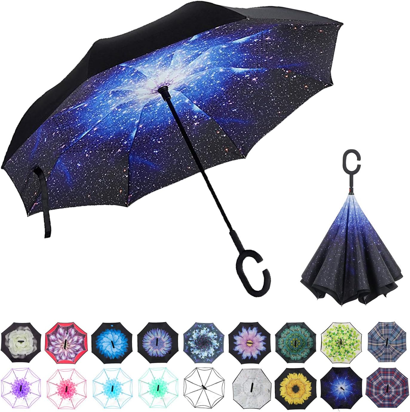 WASING Double Layer Inverted Umbrella Cars Reverse Umbrella, Windproof UV Protection Big Straight Umbrella for Car Rain Outdoor with C-Shaped Handle