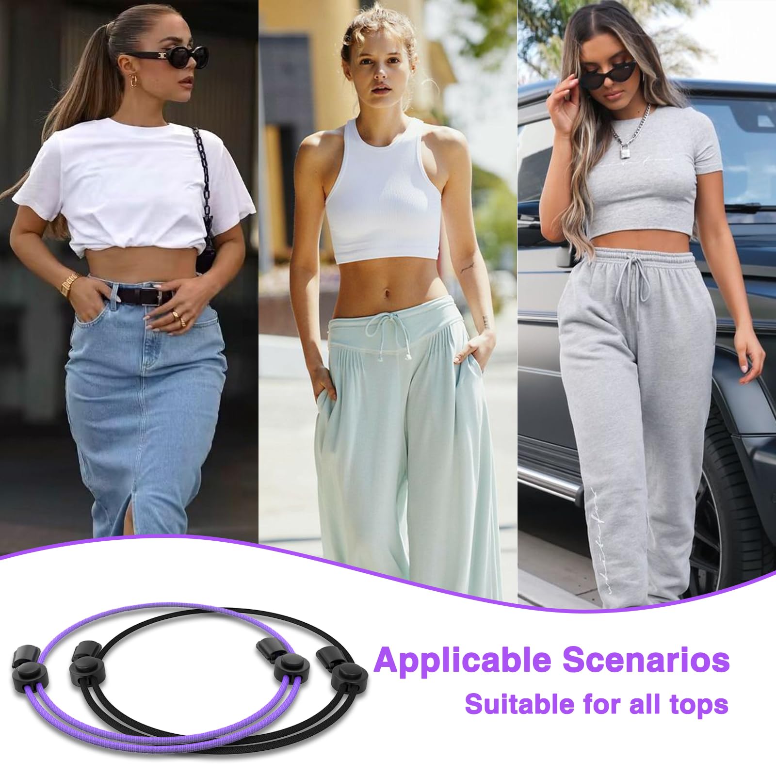 Adjustable Band, Tool for Sweater and Shirt, Belly Leaking Band, The Elastic Band to Change The Style of Your Tops(2PCS, Black and Purple, Size: Medium)