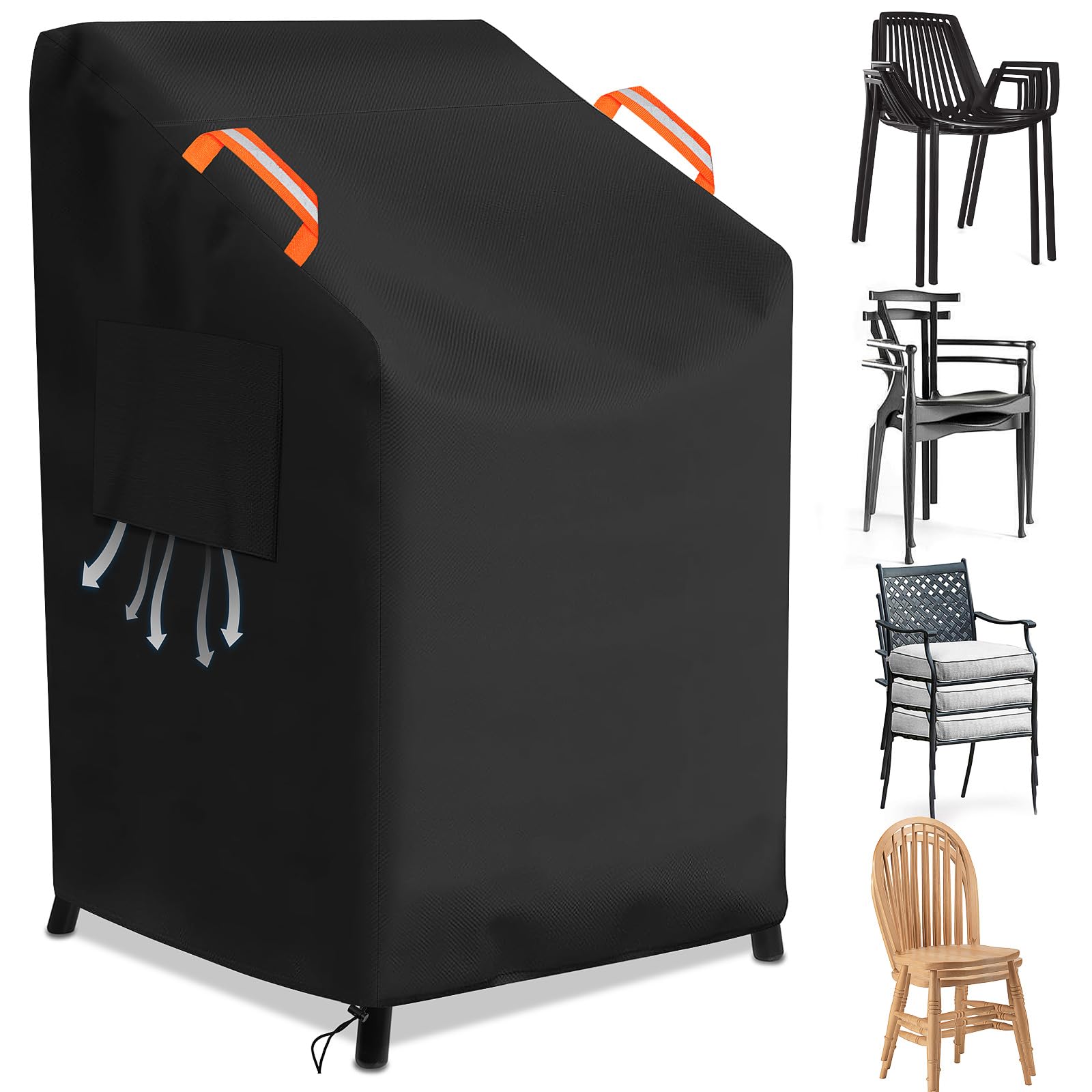 Stacking Chair Covers Garden Waterproof for Outdoor Patio Chair Cover dust-Waterproof weatherproof snow-resistant 600D PVC Oxford Fabric Heavy Duty for Stackable Chair Cover (Black, 65x85x85/120cm)