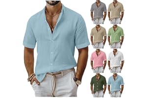 Mens Cotton Linen Button Down Shirts Casual Summer Short Sleeve Collared Blouses Hawaiian Beach Vacation Shirt Tops