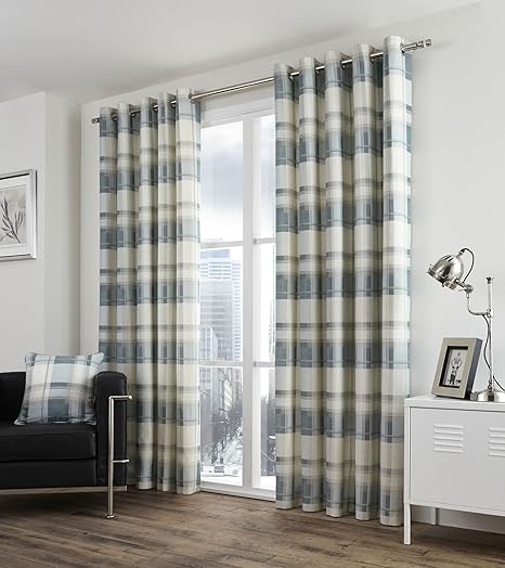 Teal Cream Lined Eyelet Curtains Balmoral Check 100 Cotton