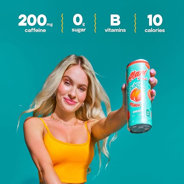 ALANI NU JUICY PEACH, SUGAR FREE, LOW CALORIE ENERGY DRINKS, 200MG CAFFEINE, BIOTIN, B VITAMINS, ZERO SUGAR, 10 CALORIES, 12 FL OZ CANS, 12 PACK