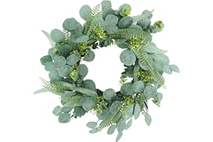 Hometrance Green Eucalyptus Leaf Wreaths for Front Door, 20-22 Inch Artificial Greenery Wreath with Ferns & Seeds for All Seasons, Spring Summer Farmhouse Door Wreaths for Wall Window Wedding Decor