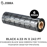Zebra Standard Black Wax Ribbon for Thermal Transfer Desktop Printers Width 4.33 in Length 242 ft 0.5 in Core Pack of 6 Rolls Compatible with Multiple Models 10031723SP