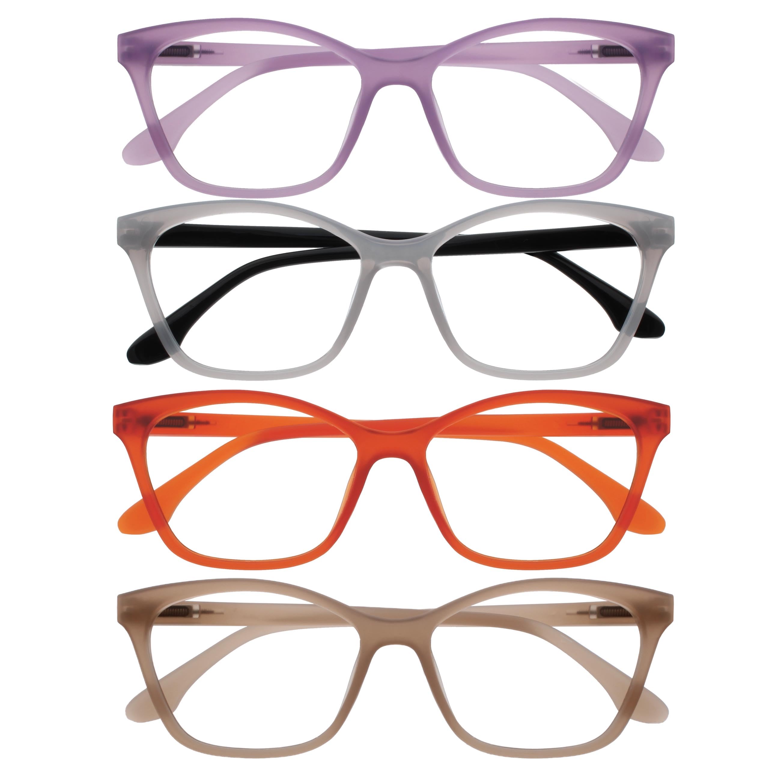 OPULIZE KAT Reading Glasses - 4-Pack - Cat-Eye Frame - Purple, Grey, Orange, Taupe - Men & Women - Spring Hinges - RRRR59-57GU - +3.50