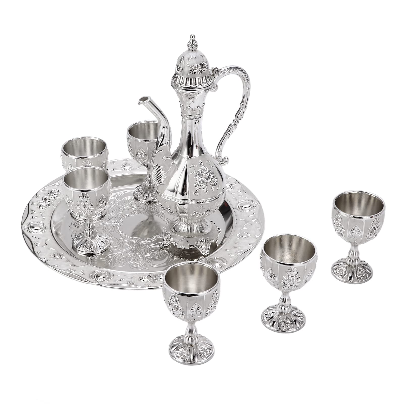 Alvinlite Vintage Turkish Coffee Pot Set, Sliver Turkish Tea Set with 6 Coffee Cups, Wine Decanter and Glasses Set, Turkish Copper Coffee Cup Set for Home Tea Party